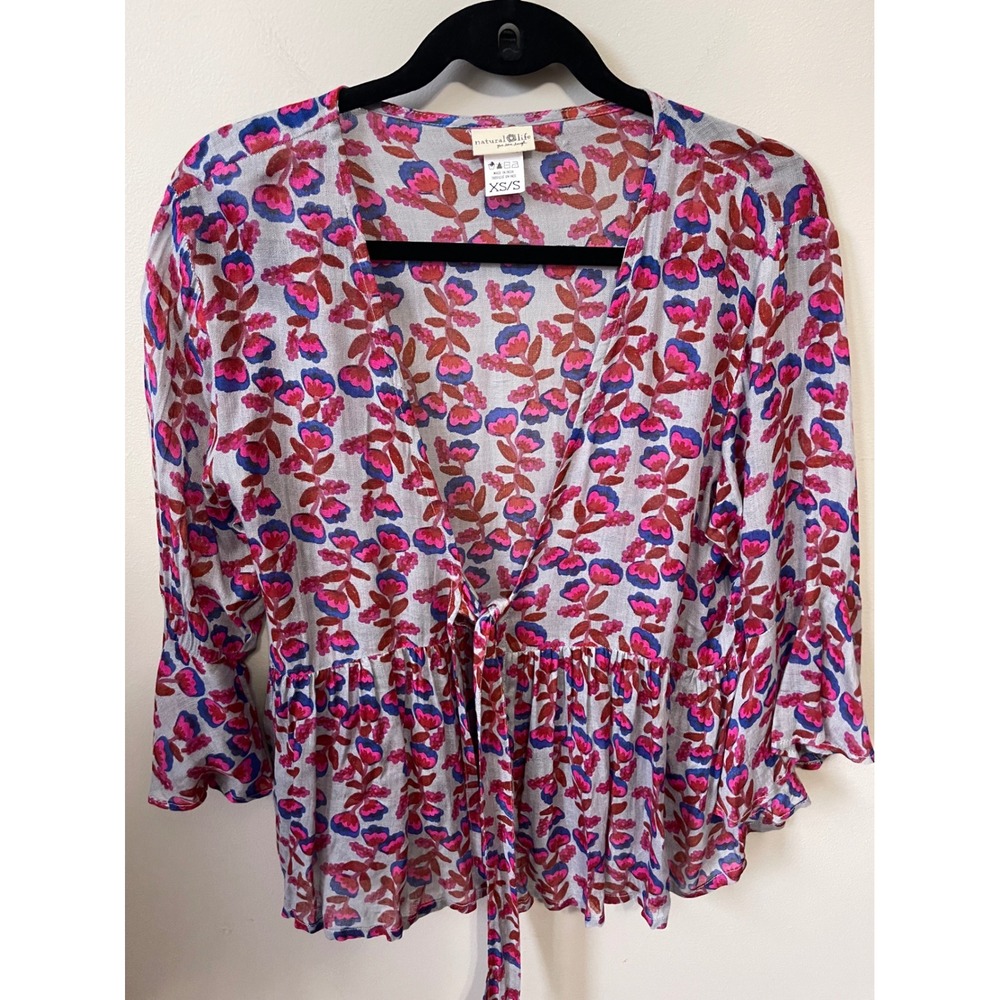 Natural Life Floral Tie Front Peplum Pink Purple Boho Bell Sleeve chic coquette
